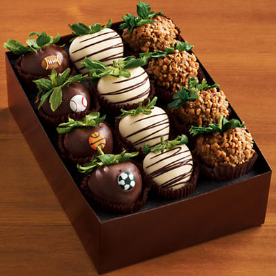 The Game Day Hand-Dipped Chocolate-Covered Strawberries are crafted from large, freshly handpicked fruit that is dipped in pure dark, white or milk Belgian chocolate. Each chocolate-covered strawberry