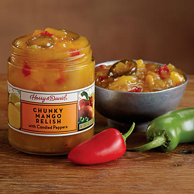 One of our many gourmet condiments, our chunky mango relish is crafted with real fruit, champagne vinegar, and bell peppers, with garlic and jalapeño peppers for a hint of spice. Golden raisins a