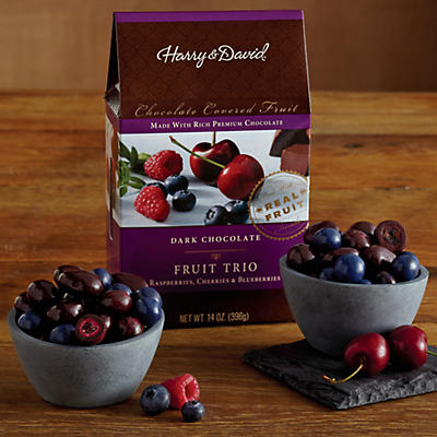 For those who prefer a treat that's just a little sweet, this Dark Chocolate Berry Trio is the perfect candy dessert. We've taken raspberries, blueberries, and cherries, dried at their peak, and smoth