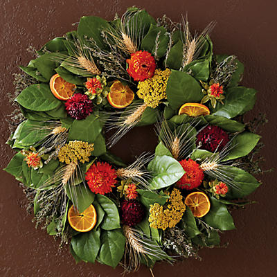 When it's time to buy fall decorations, our fragrant Harvest Wreath should top the list. This autumn wreath is expertly handcrafted at the family-owned and -operated Creekside Farms in Greenfield, Cal