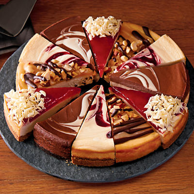Rich, creamy cheesecake is a classic dessert, and this cheesecake sampler is the perfect way to enjoy four delightful varieties. The decadent chocolate caramel nut cheesecake slices feature ribbons of
