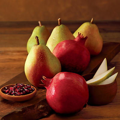Our biggest Royal Riviera Pears, along with ample pomegranates, make up this delicious fruit delivery. At over a pound apiece, our giant pears are a perfect complement to the storied pomegranate. Much