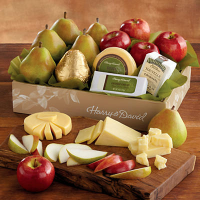 The Deluxe Pears, Apples, and Cheese Gift is among our most popular fresh fruit gifts and combines expertly grown, handpicked fruit with several gourmet cheeses, including gouda, cheddar, and the arti