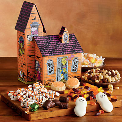 Think of the Classic Haunted House Gift Tower when you are looking for the perfect Halloween party treats. This newly designed haunted house is filled with delicious Halloween gifts. Inside its scary 