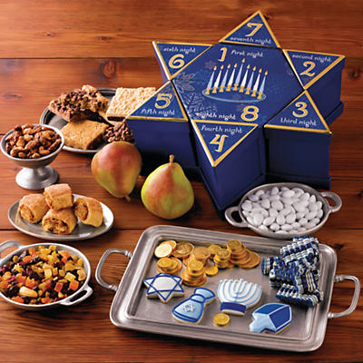 The Eight Nights of Hanukkah Gift features exclusively designed boxes that fit together for an impressive presentation. Each box of Hanukkah treats is numbered for a day of the celebration and filled 