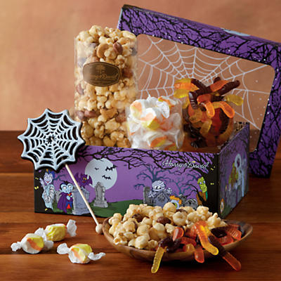 Halloween is a great time for gourmet gifts. And this colorful Halloween Treats gift is filled with delicious Halloween snacks. It starts with one of our iconic treats, Moose Munch Gourmet Popcorn, wh