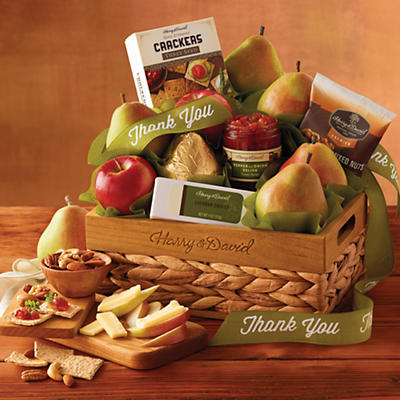 A hand-packed gesture of thanks, our Thank You Gift Basket features some of our most popular treats. Our juicy, handpicked Royal Riviera Pears and seasonal apples complement a selection of savory snac