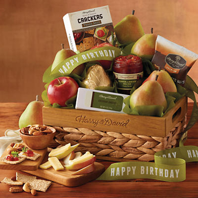 A hand-packed celebration, our Birthday Gift Basket features some of our most popular treats. Our juicy, handpicked Royal Riviera Pears and seasonal apples complement a selection of savory snacks, inc