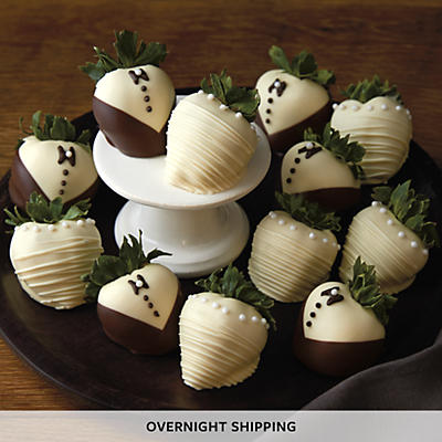 NEW Bride and Groom Hand Dipped Chocolate Covered Strawberries - One Dozen NEW Bride and Groom Hand Dipped Chocolate Covered Strawberries - One Dozen
